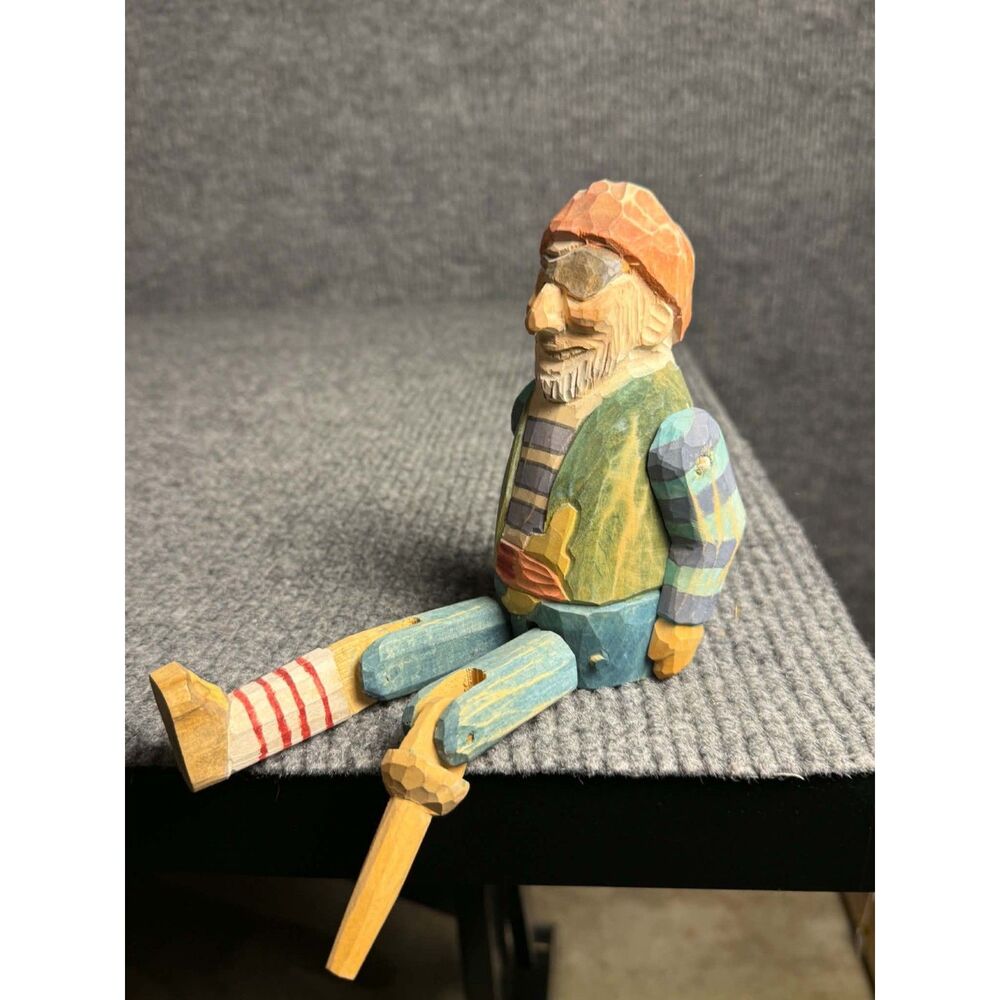 Vintage Wooden Carved Pirate Shelf Sitter with Peg Leg - 9" Folk Art Figurine